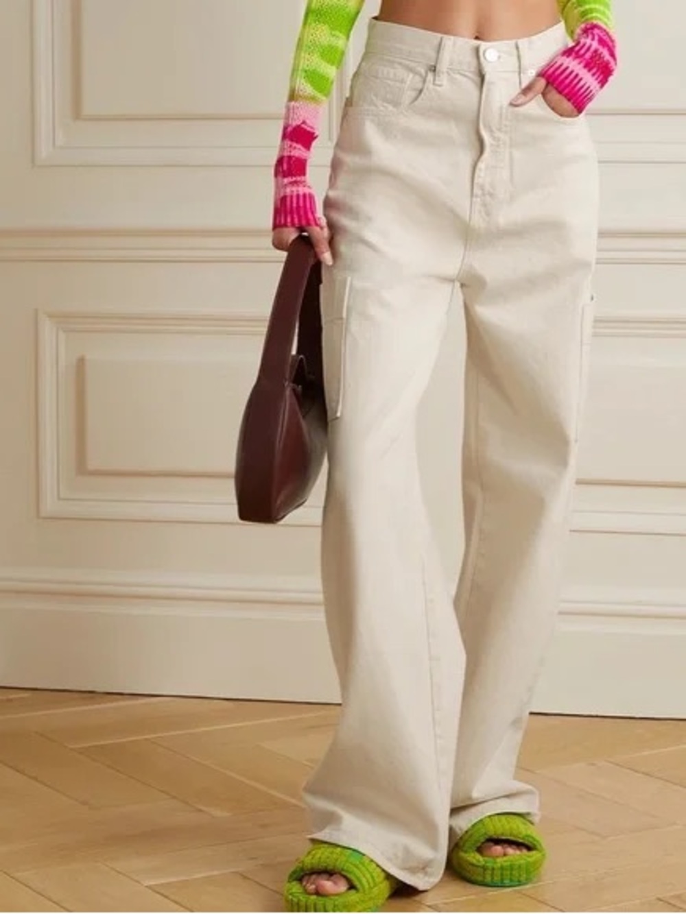 Frame High Rise Baggy Pocket Jean in Parchment Cream Carpenter Cargo Pants - Picture 1 of 13